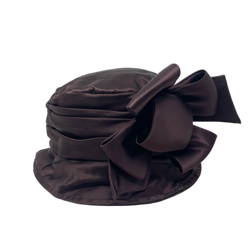 NWT Vintage KOKIN New York Cloche Bucket Hat - Brown Satin - Dramatic Bow 1920s